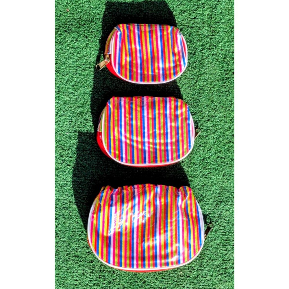 Vintage 1970's Plastic/Vinyl Cosmetic 3-Bag Zipper Multi-Colored Striped Set EUC